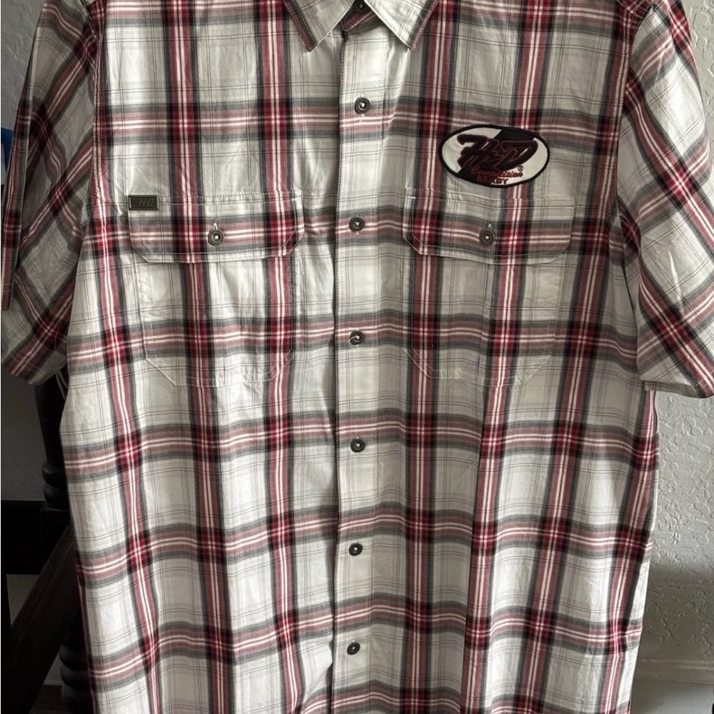 Harley-Davidson Men's Red, Black, and White Plaid Shirt